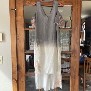 Billy T Gray Shirt Dress Off‎ The Shoulder High Low Embroidery Raw Hem Size XS